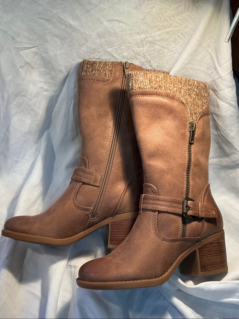BareTraps Tan Knit-Cuff Mid-Calf Heeled Boots